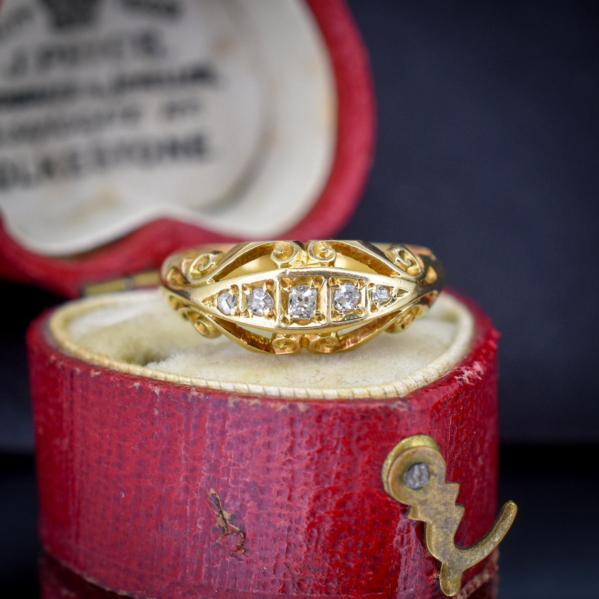 Antique Diamond Five Stone 18ct Yellow Gold Scroll Boat Ring | Dated 1914