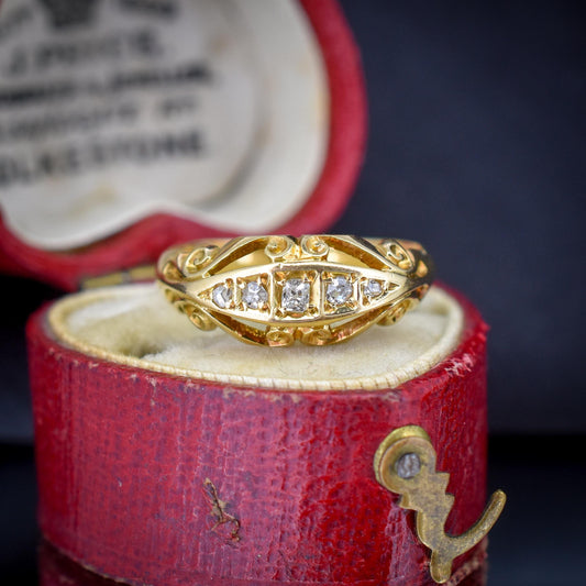 Antique Diamond Five Stone 18ct Yellow Gold Scroll Boat Ring | Dated 1914