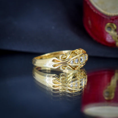 Antique Diamond Five Stone 18ct Yellow Gold Scroll Boat Ring | Dated 1914