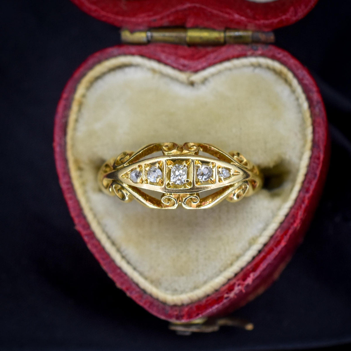 Antique Diamond Five Stone 18ct Yellow Gold Scroll Boat Ring | Dated 1914