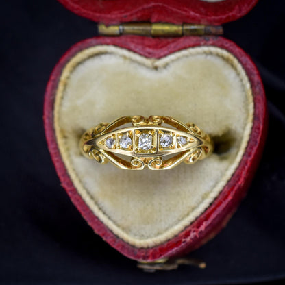 Antique Diamond Five Stone 18ct Yellow Gold Scroll Boat Ring | Dated 1914