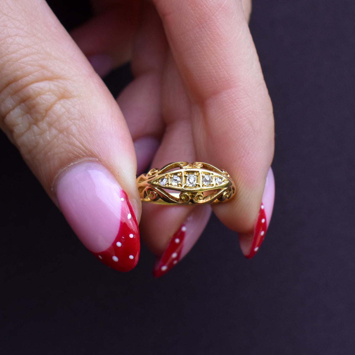 Antique Diamond Five Stone 18ct Yellow Gold Scroll Boat Ring | Dated 1914