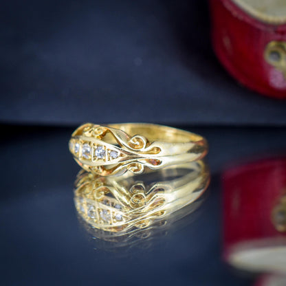 Antique Diamond Five Stone 18ct Yellow Gold Scroll Boat Ring | Dated 1914