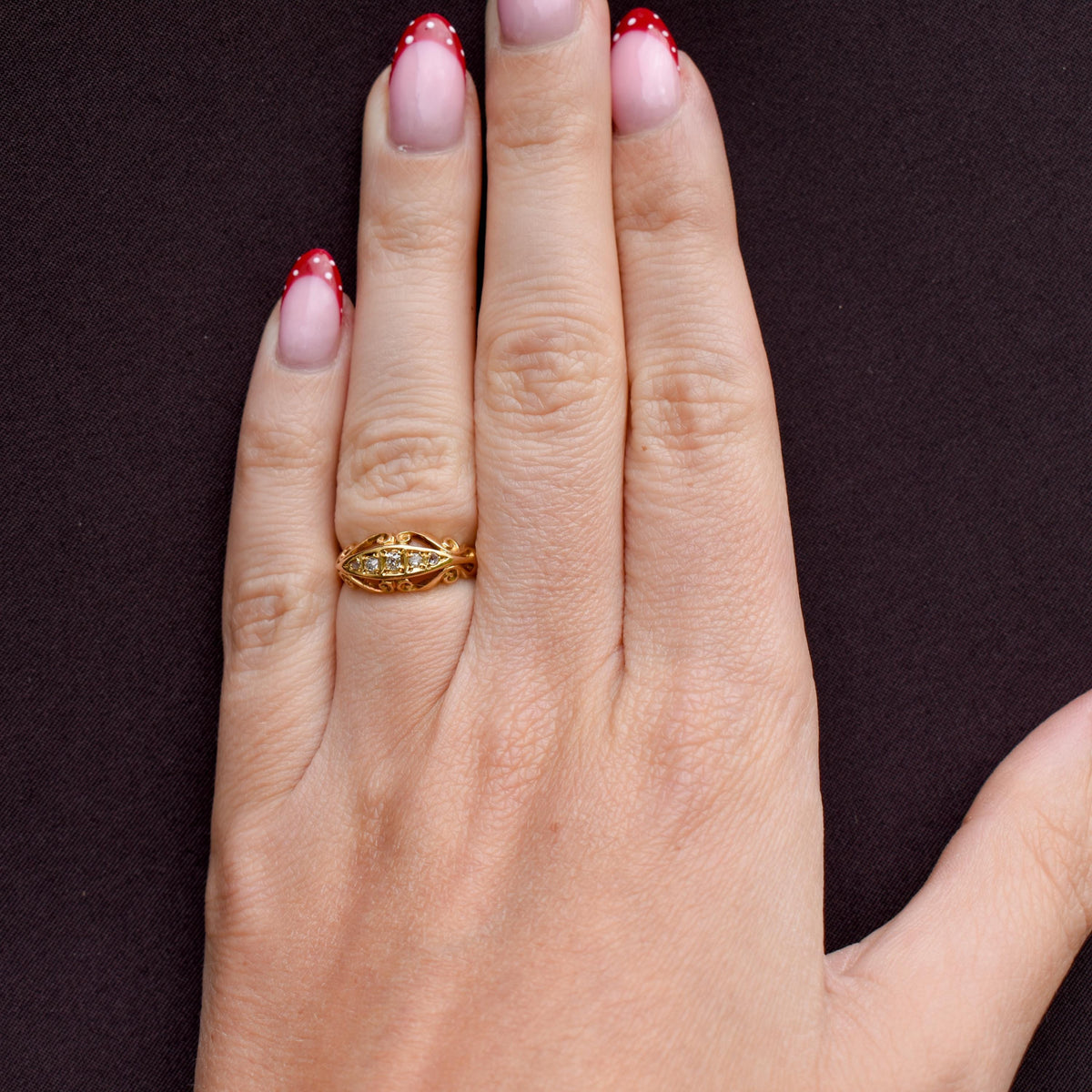 Antique Diamond Five Stone 18ct Yellow Gold Scroll Boat Ring | Dated 1914