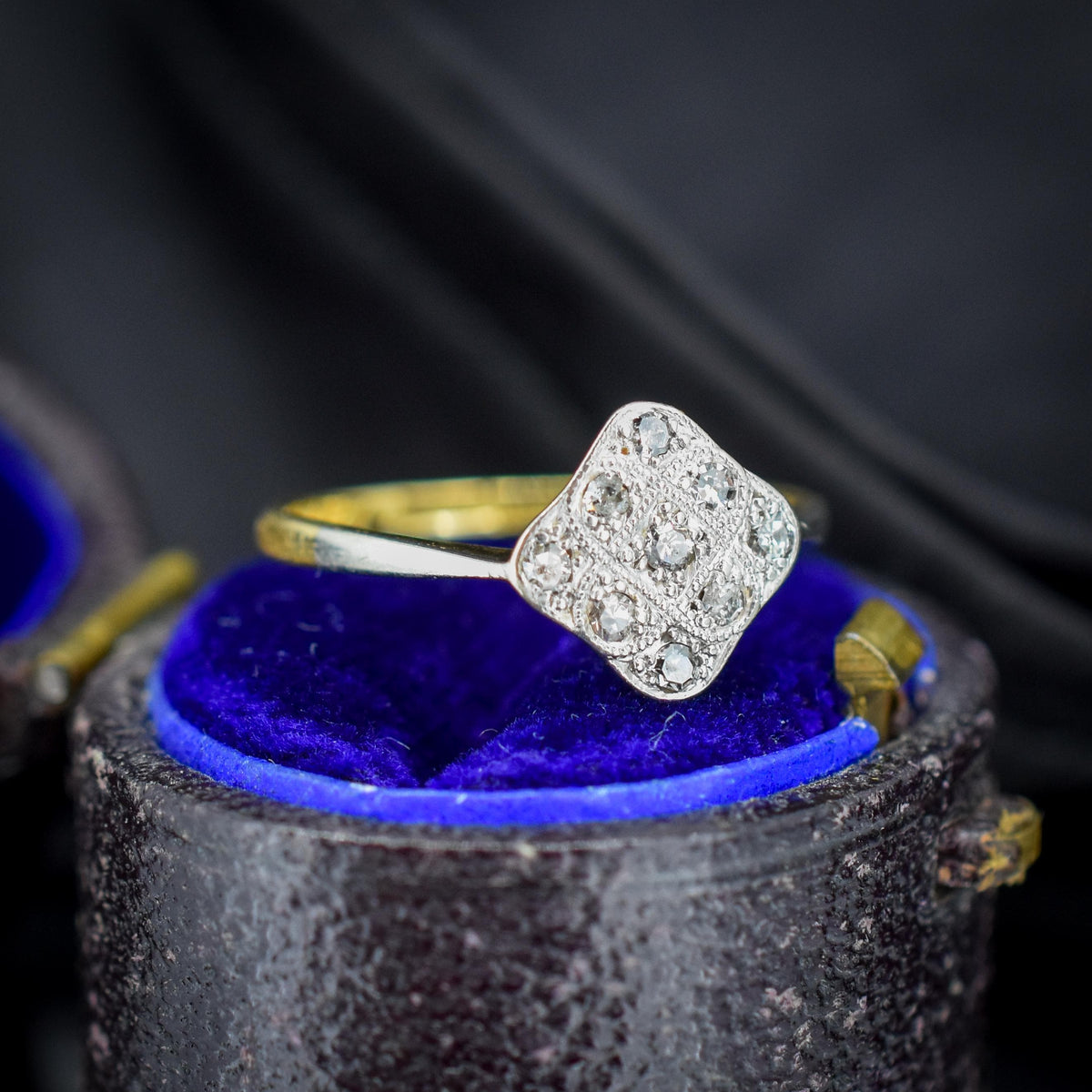 Art Deco Diamond Square Cluster 18ct Yellow Gold and Platinum Ring