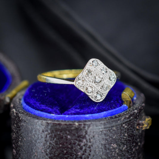 Art Deco Diamond Square Cluster 18ct Yellow Gold and Platinum Ring