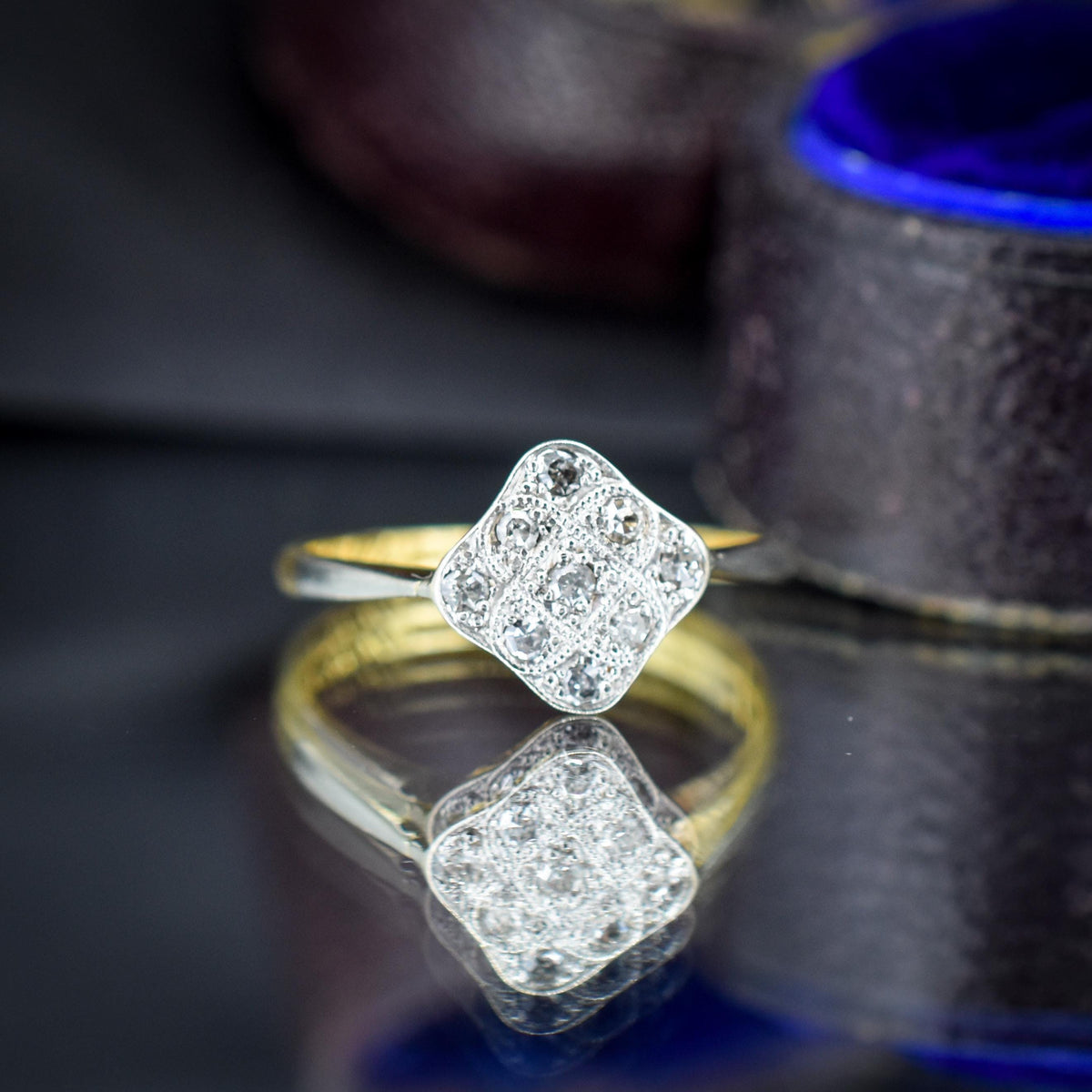 Art Deco Diamond Square Cluster 18ct Yellow Gold and Platinum Ring