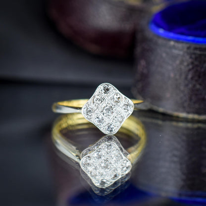 Art Deco Diamond Square Cluster 18ct Yellow Gold and Platinum Ring