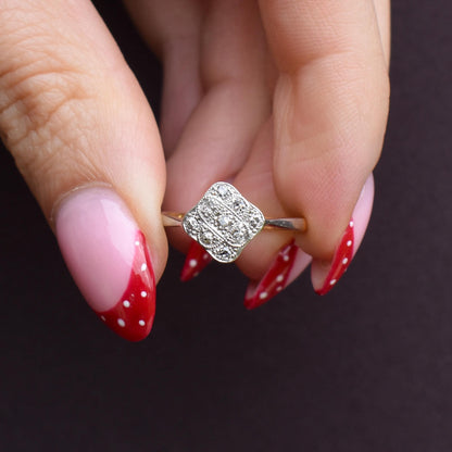 Art Deco Diamond Square Cluster 18ct Yellow Gold and Platinum Ring