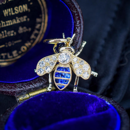 Blue Sapphire and Diamond 18ct Gold Insect Bee Pendant | 0.27ct Diamond