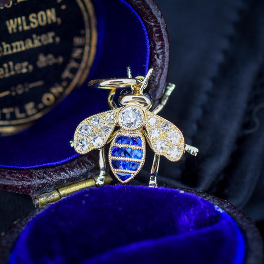 Blue Sapphire and Diamond 18ct Gold Insect Bee Pendant | 0.27ct Diamond