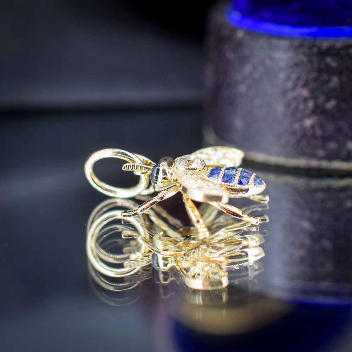 Blue Sapphire and Diamond 18ct Gold Insect Bee Pendant | 0.27ct Diamond