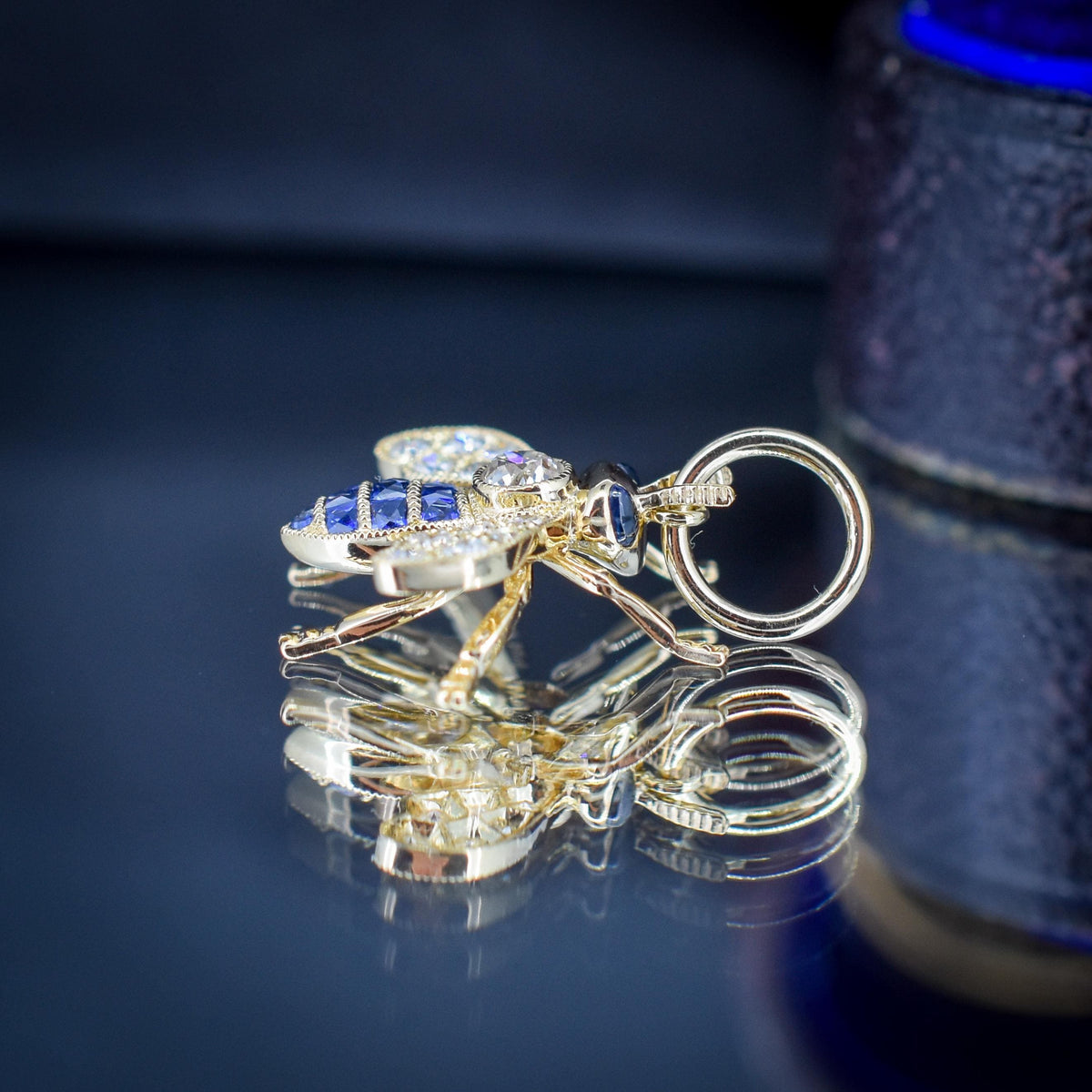 Blue Sapphire and Diamond 18ct Gold Insect Bee Pendant | 0.27ct Diamond