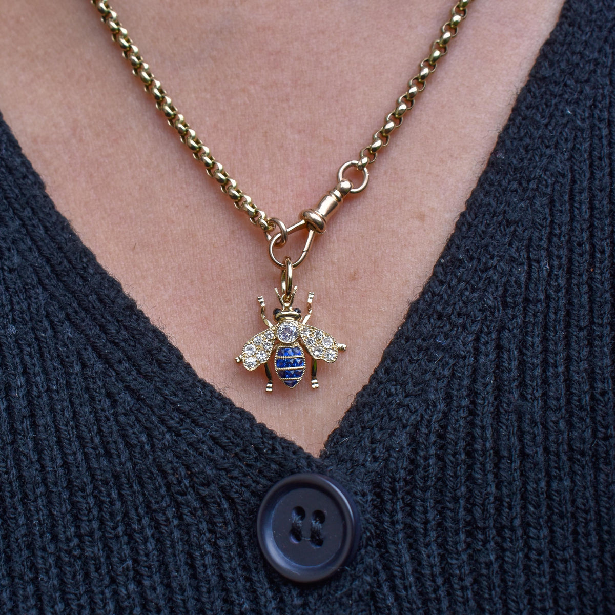 Blue Sapphire and Diamond 18ct Gold Insect Bee Pendant | 0.27ct Diamond