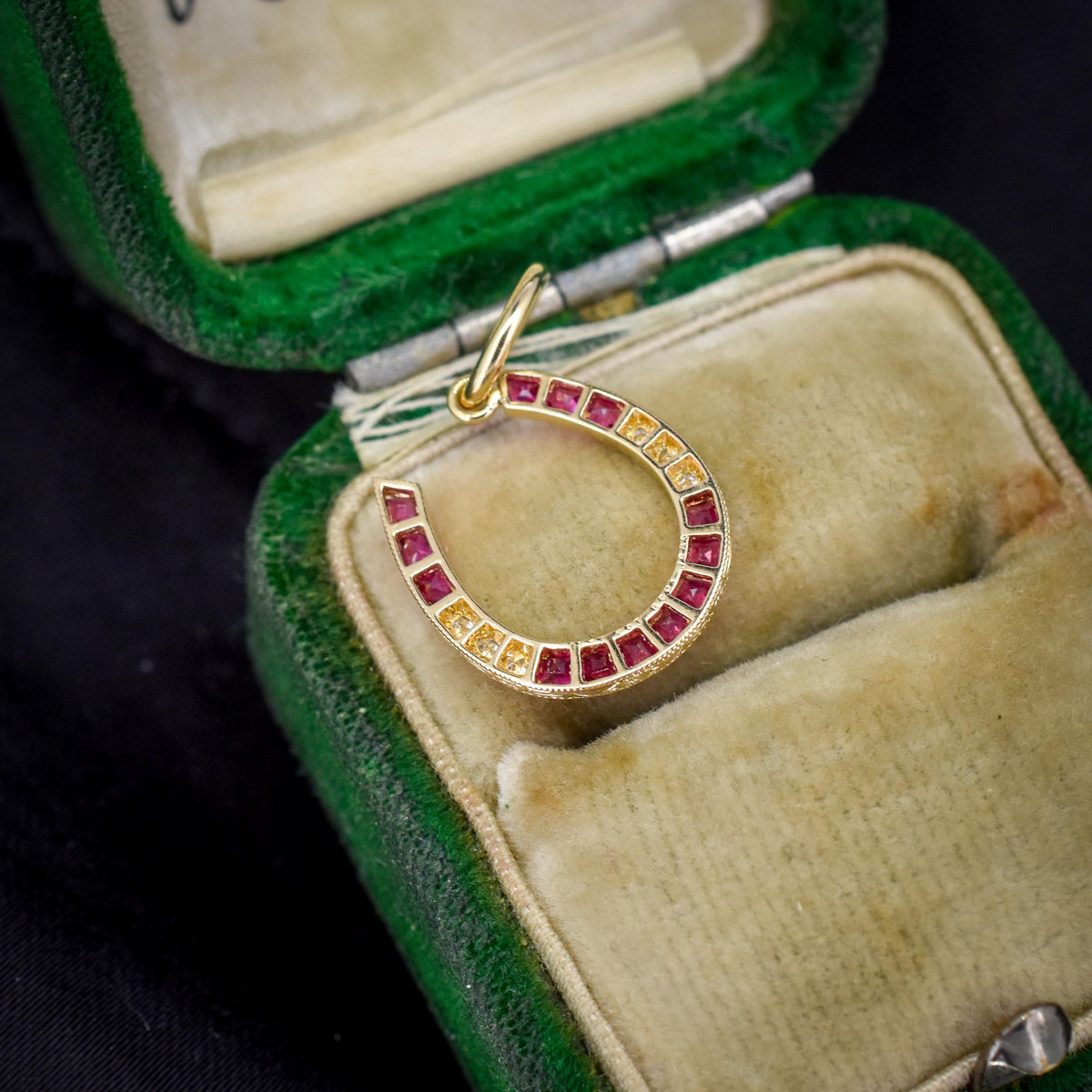French Cut Ruby and Diamond Horseshoe 18ct Gold Charm Pendant