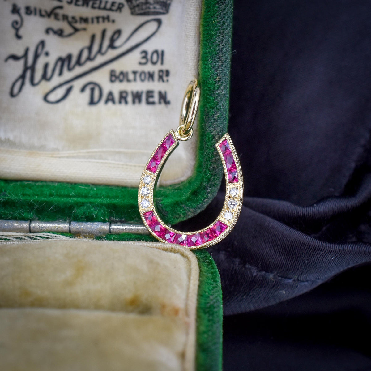 French Cut Ruby and Diamond Horseshoe 18ct Gold Charm Pendant