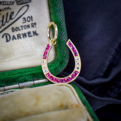 French Cut Ruby and Diamond Horseshoe 18ct Gold Charm Pendant