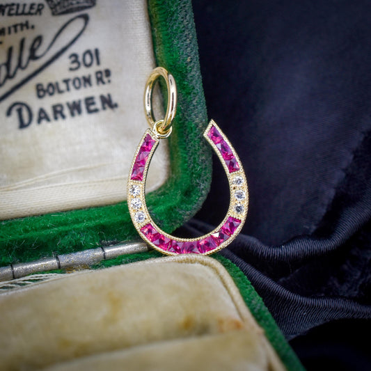 French Cut Ruby and Diamond Horseshoe 18ct Gold Charm Pendant