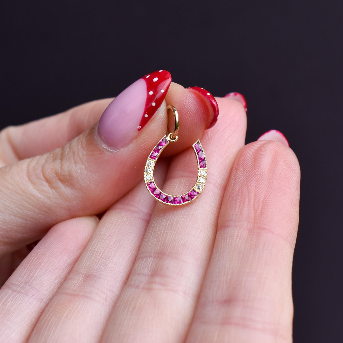 French Cut Ruby and Diamond Horseshoe 18ct Gold Charm Pendant