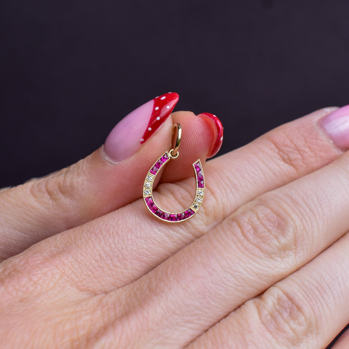 French Cut Ruby and Diamond Horseshoe 18ct Gold Charm Pendant
