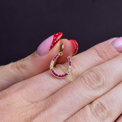 French Cut Ruby and Diamond Horseshoe 18ct Gold Charm Pendant