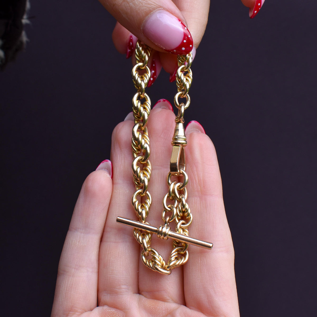 Antique '1904' Love Knot 9ct Yellow Gold Chain Bracelet with T-bar | 8"