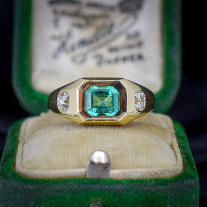 Natural Emerald and Diamond Three Stone 18ct Gold Gypsy Band Ring