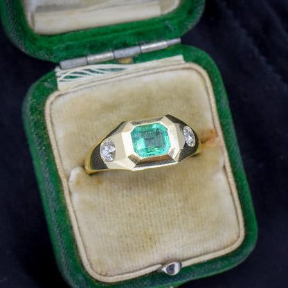 Natural Emerald and Diamond Three Stone 18ct Gold Gypsy Band Ring