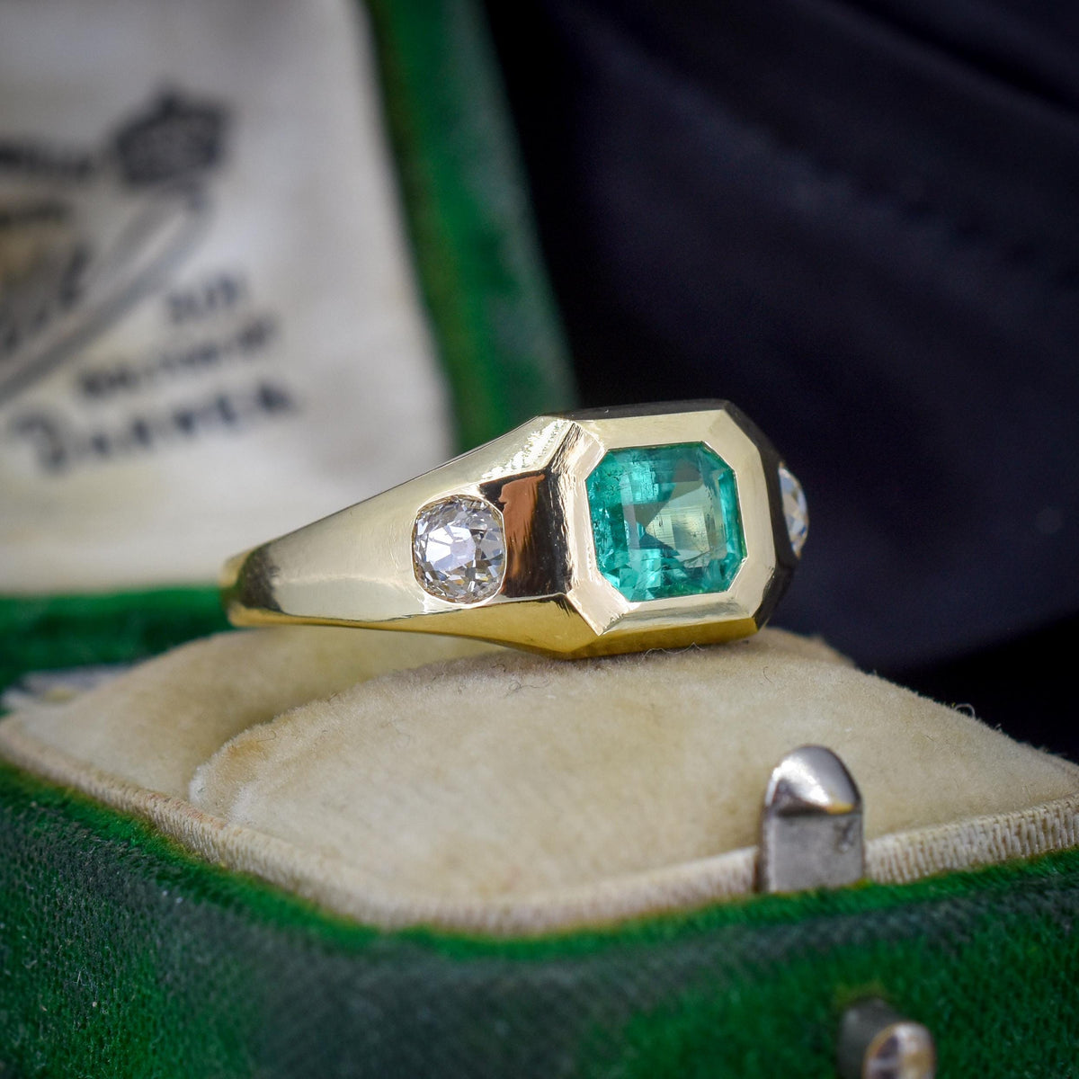 Natural Emerald and Diamond Three Stone 18ct Gold Gypsy Band Ring