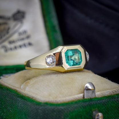 Natural Emerald and Diamond Three Stone 18ct Gold Gypsy Band Ring