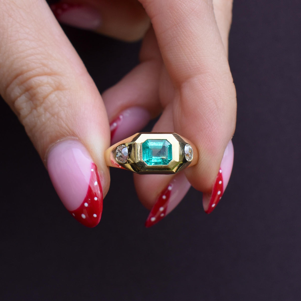 Natural Emerald and Diamond Three Stone 18ct Gold Gypsy Band Ring