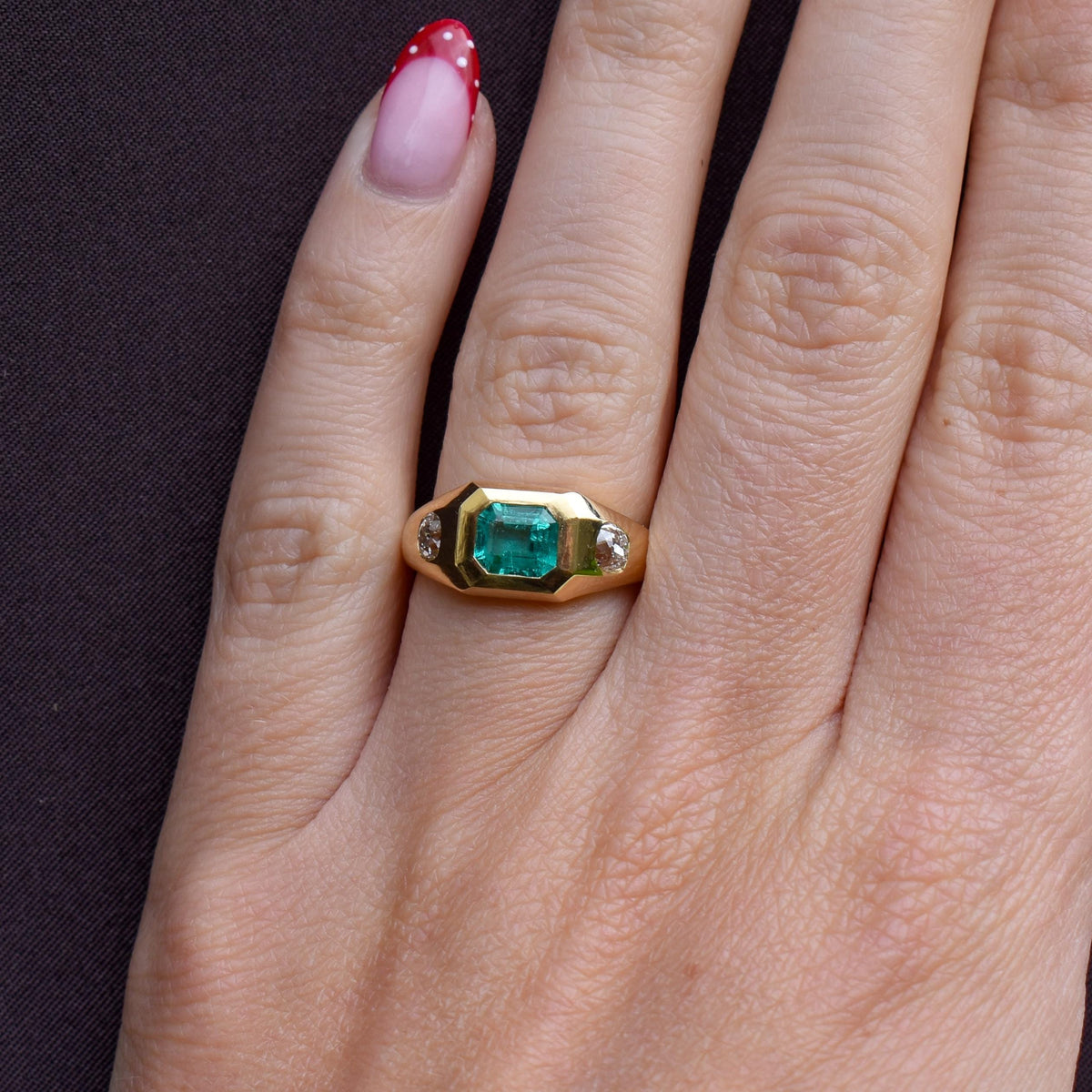 Natural Emerald and Diamond Three Stone 18ct Gold Gypsy Band Ring