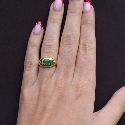 Natural Emerald and Diamond Three Stone 18ct Gold Gypsy Band Ring