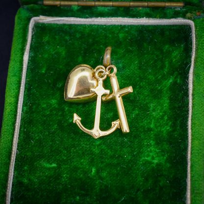 Vintage 9ct Gold Triple Trio of Charms Faith Hope Charity - Cross Heart Anchor