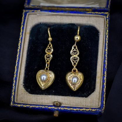 Vintage 9ct Yellow Gold Edwardian Pearl Heart Drop Earrings