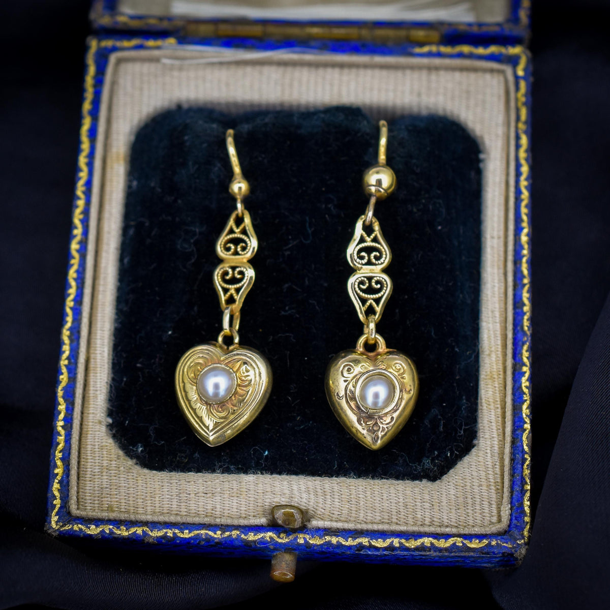 Vintage 9ct Yellow Gold Edwardian Pearl Heart Drop Earrings