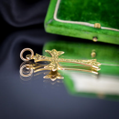 Antique Edwardian 9ct Gold Engraved Cross Pendant | Chester 1904
