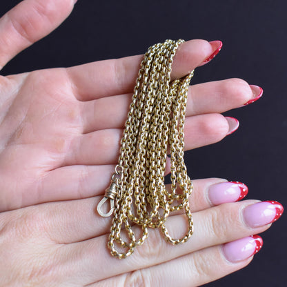 Antique 10ct Gold Faceted Oval Link Long Guard Chain Necklace | 59" Length with Dog Clip