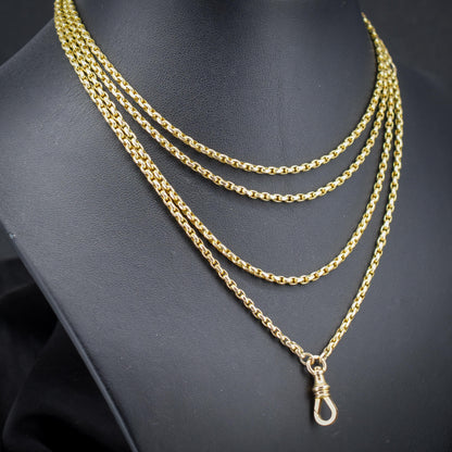 Antique 10ct Gold Faceted Oval Link Long Guard Chain Necklace | 59" Length with Dog Clip