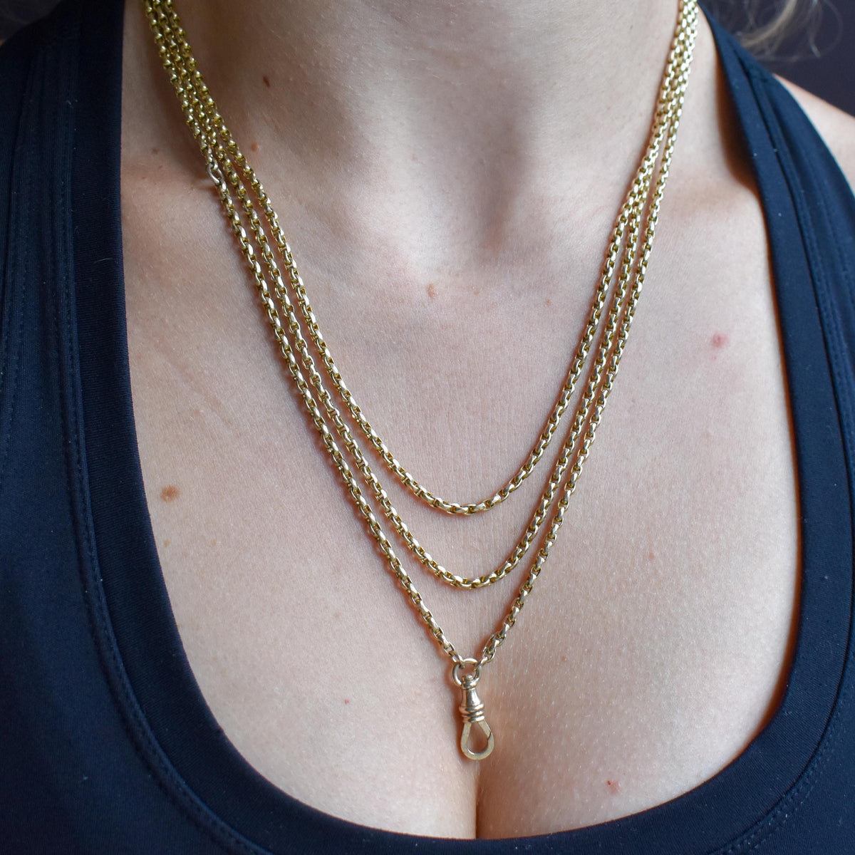 Antique 10ct Gold Faceted Oval Link Long Guard Chain Necklace | 59" Length with Dog Clip