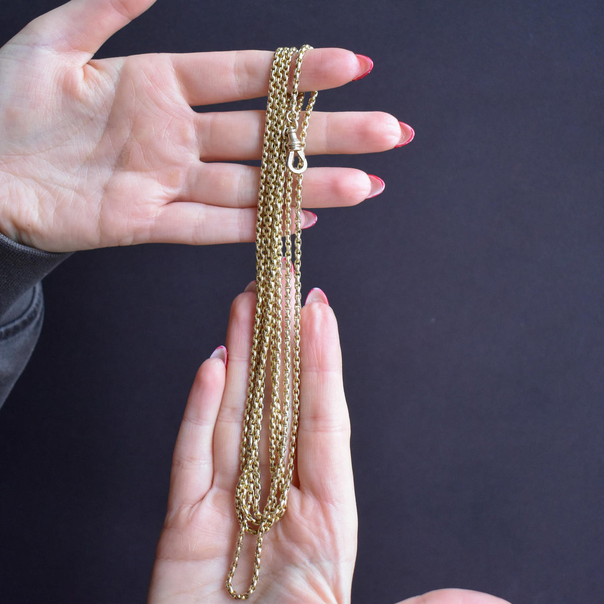 Antique 10ct Gold Faceted Oval Link Long Guard Chain Necklace | 59" Length with Dog Clip