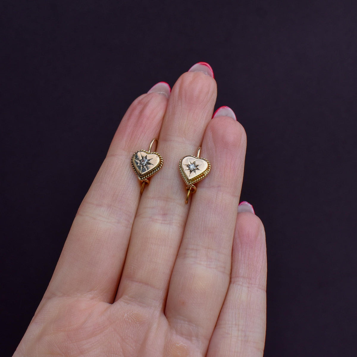 Antique Victorian 18ct Gold Diamond Starburst Heart Earrings