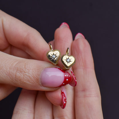 Antique Victorian 18ct Gold Diamond Starburst Heart Earrings