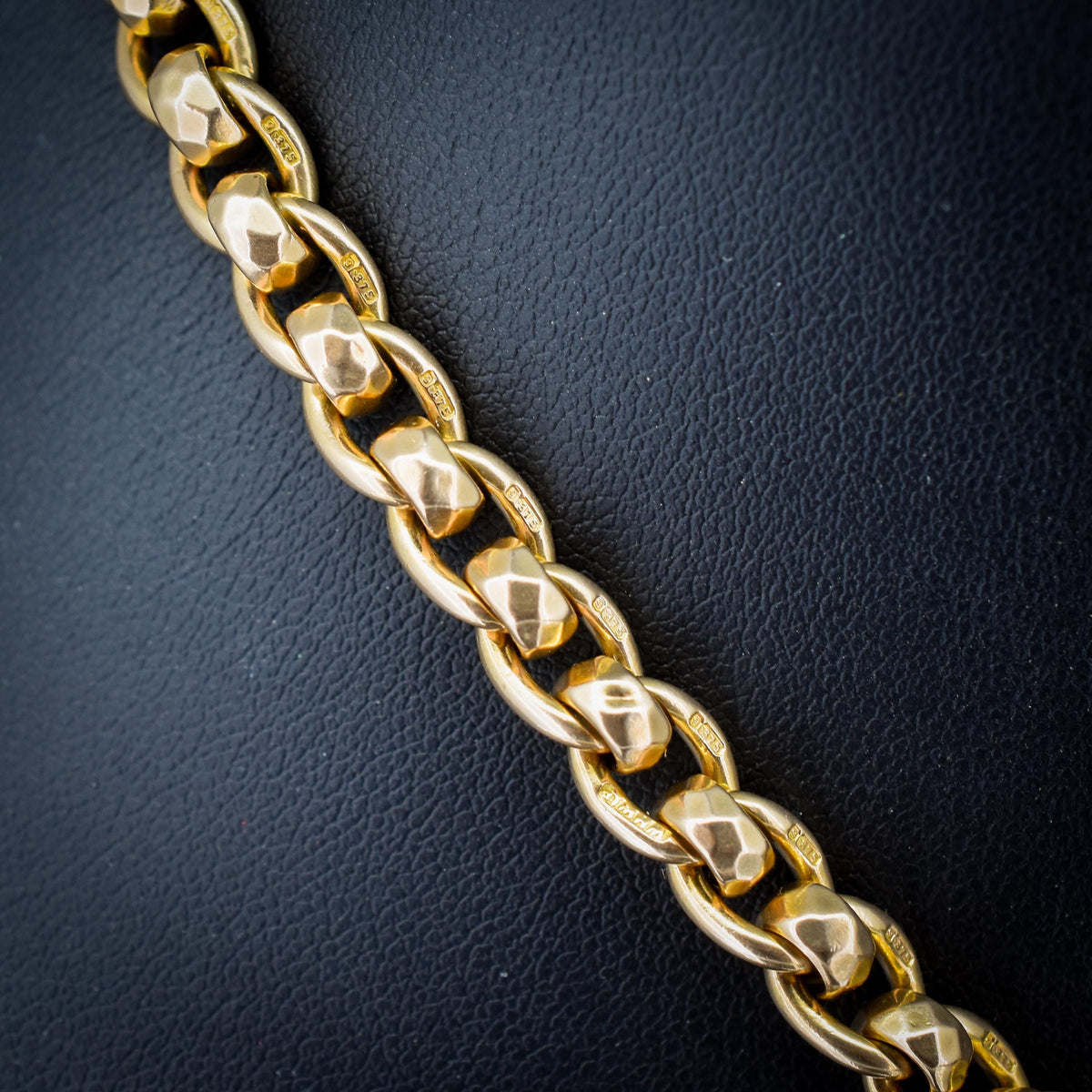 Antique Rollerball 9ct Gold Albert Chain Necklace with T-Bar and Double Dog Clips | 15"