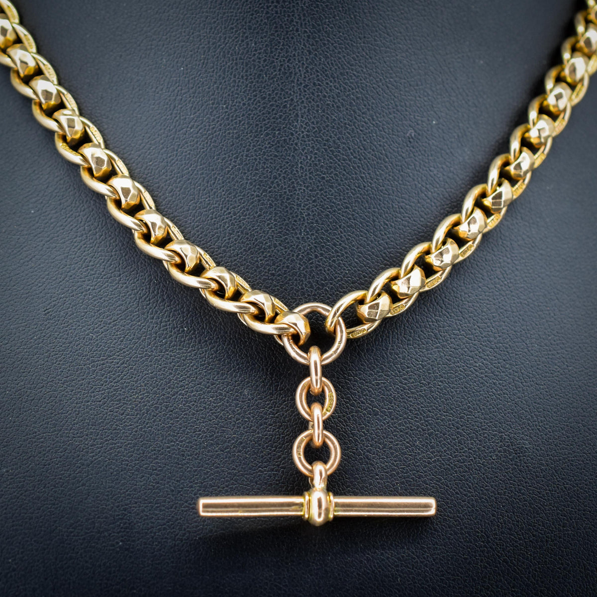 Antique Rollerball 9ct Gold Albert Chain Necklace with T-Bar and Double Dog Clips | 15"