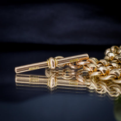 Antique Rollerball 9ct Gold Albert Chain Necklace with T-Bar and Double Dog Clips | 15"