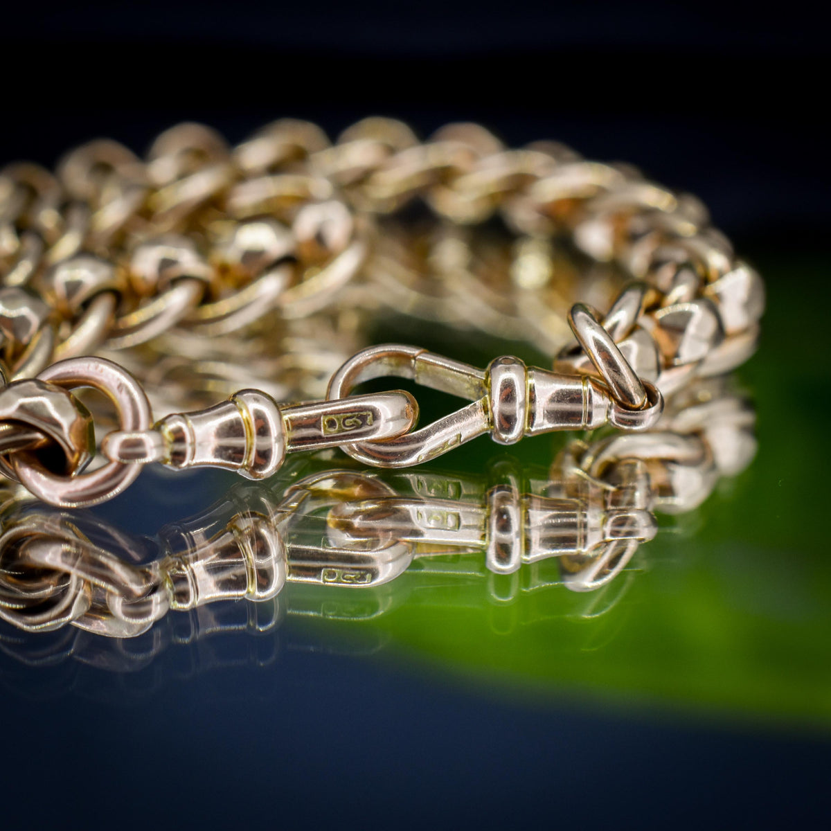Antique Rollerball 9ct Gold Albert Chain Necklace with T-Bar and Double Dog Clips | 15"