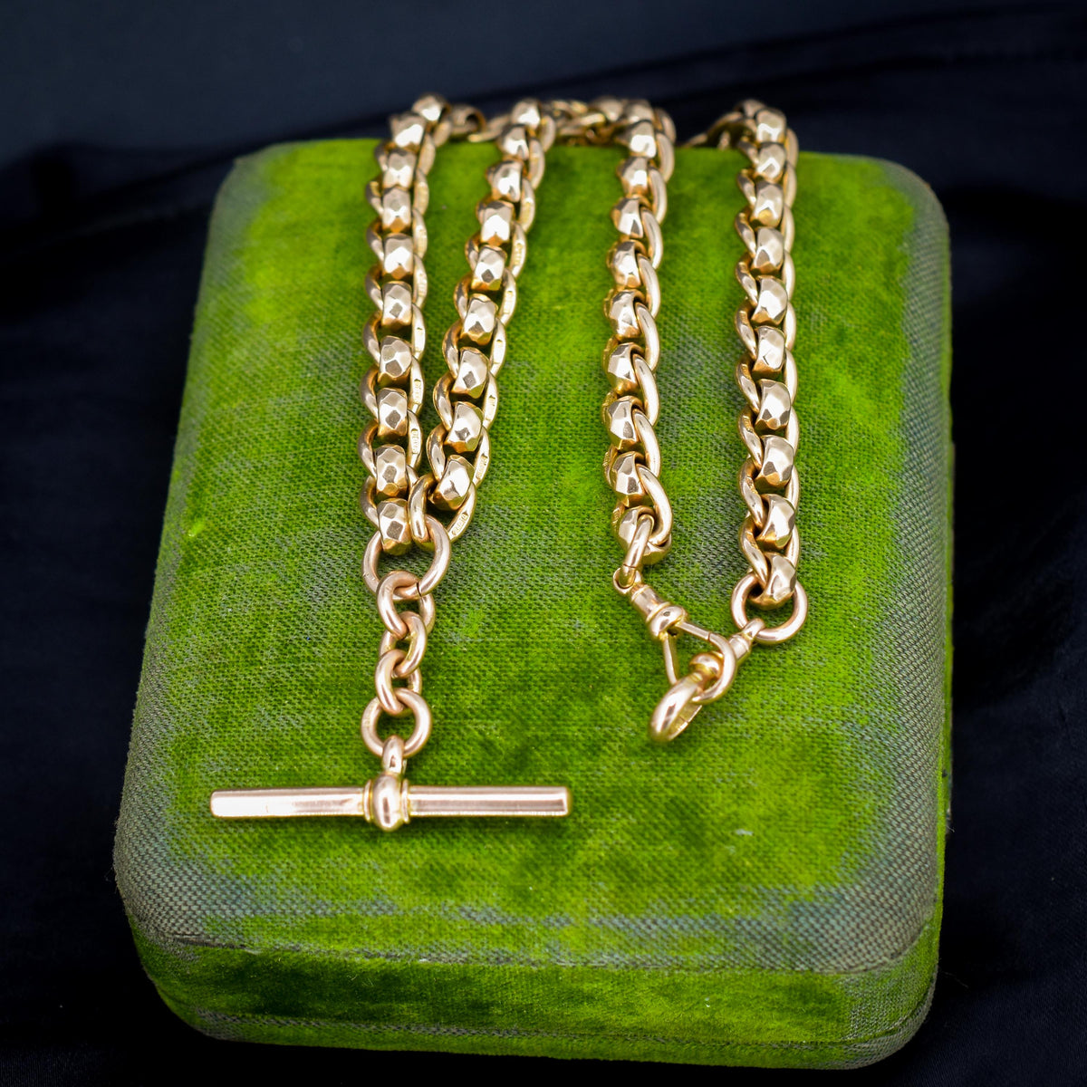 Antique Rollerball 9ct Gold Albert Chain Necklace with T-Bar and Double Dog Clips | 15"