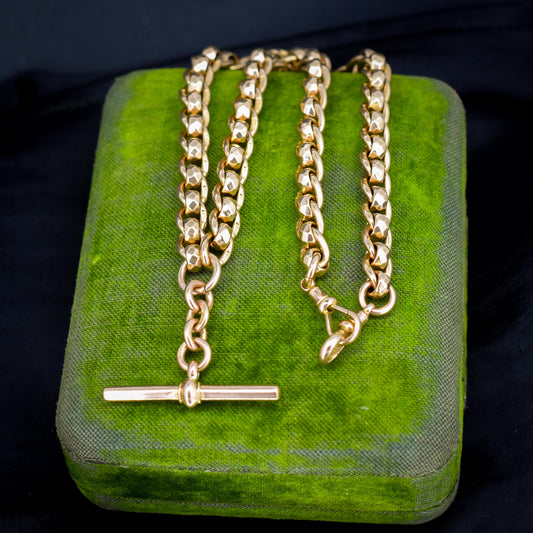 Antique Rollerball 9ct Gold Albert Chain Necklace with T-Bar and Double Dog Clips | 15"