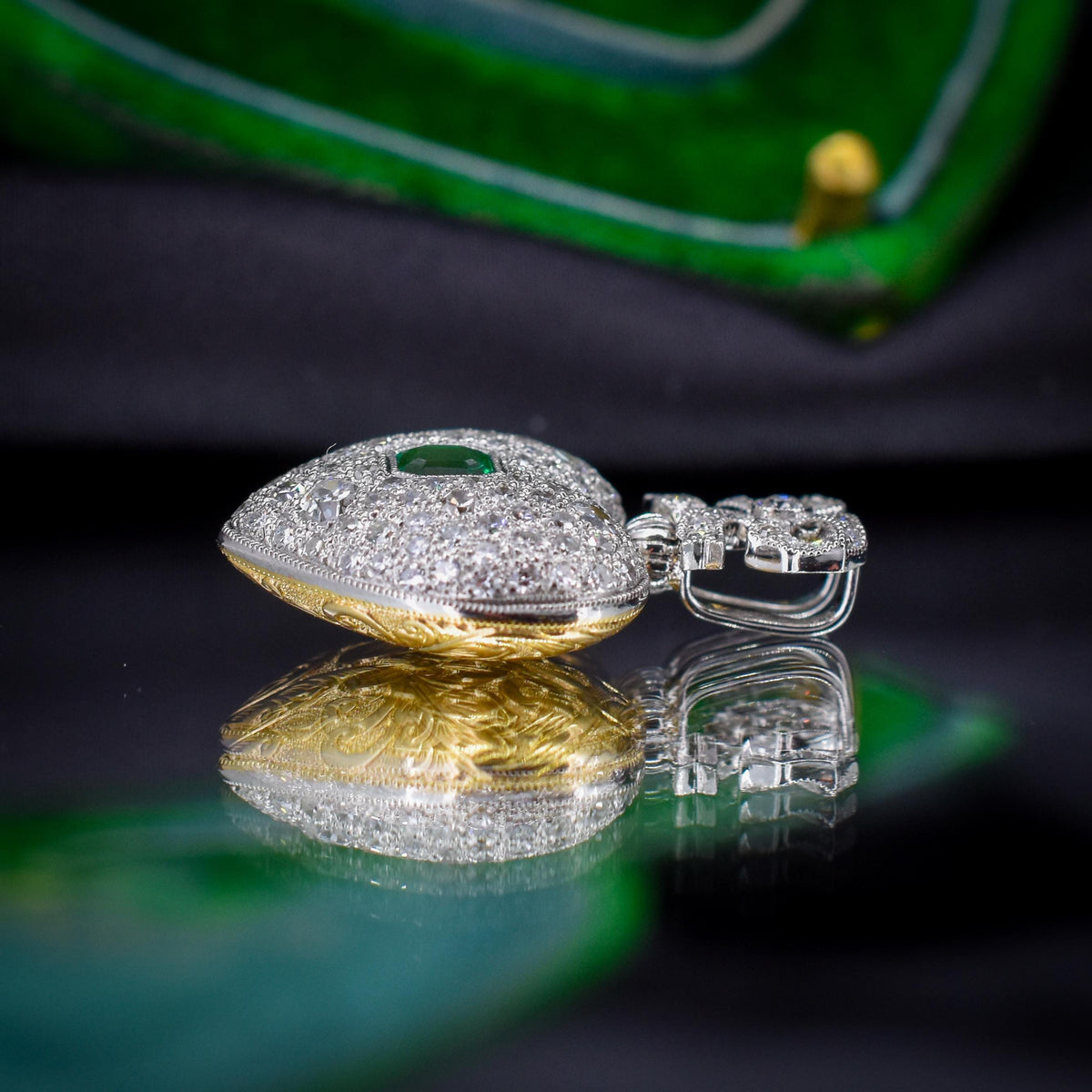 Emerald and Old Cut Diamond 1.04ct Heart Platinum and 18ct Gold Reversible Pendant